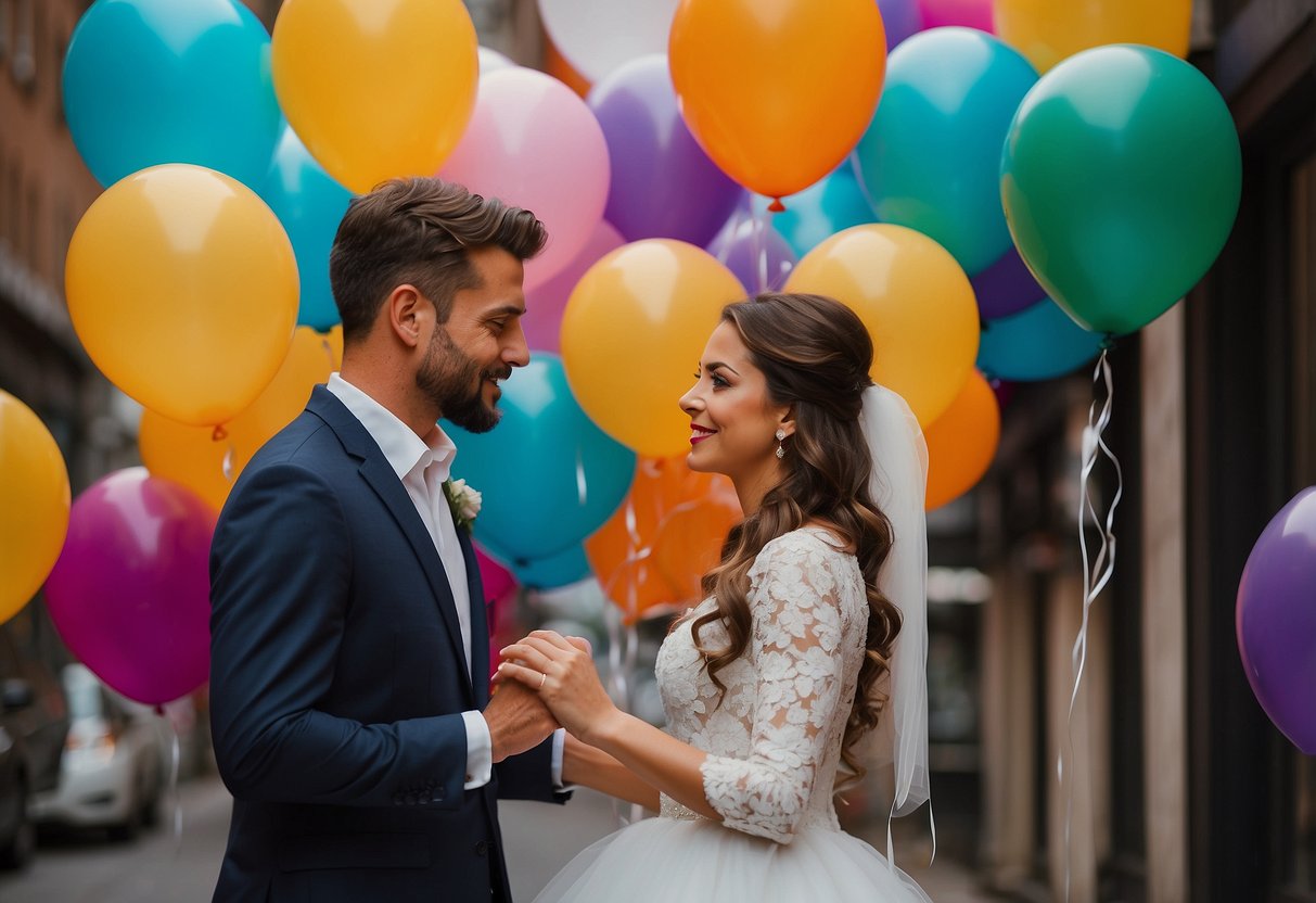 A bride and groom selecting from a variety of colorful and elegant balloons for their wedding decor