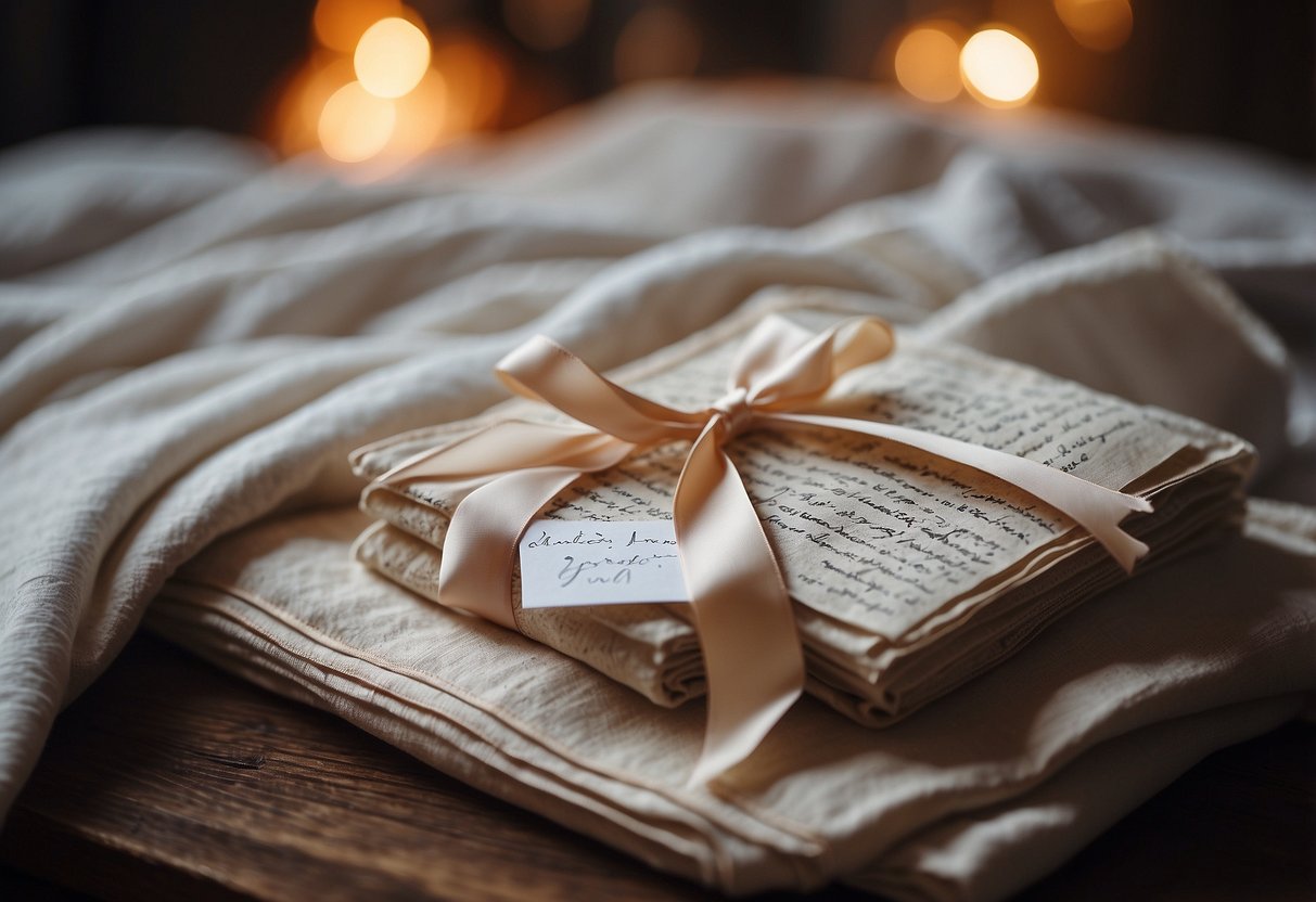 A cozy blanket with a handwritten letter, surrounded by wedding-themed decorations