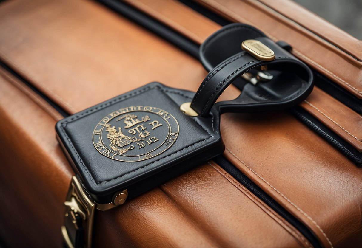 A luggage tag with a couple's initials and wedding date, surrounded by travel stamps and landmarks, on a suitcase handle