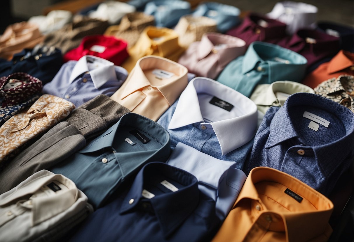 A table with various wedding shirt designs laid out, surrounded by swatches of fabric and color samples