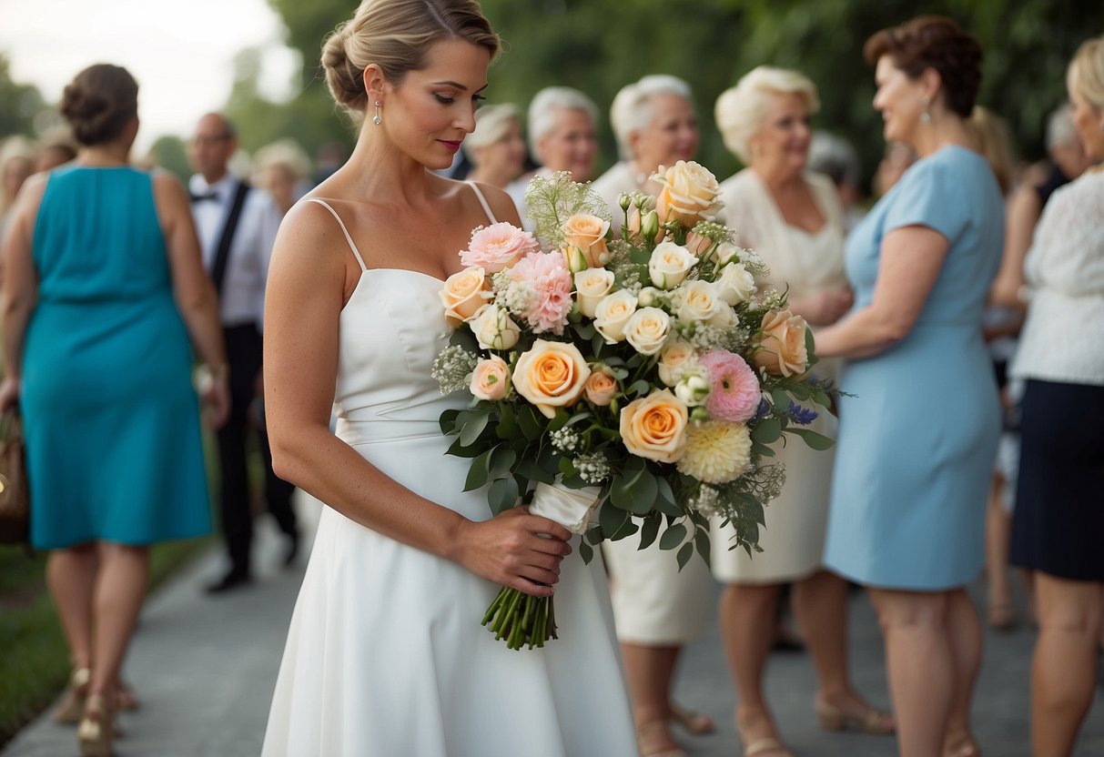 A woman in a formal dress, holding a bouquet, looks down at her feet, wearing flip-flops, with a disapproving expression from the mother of the bride