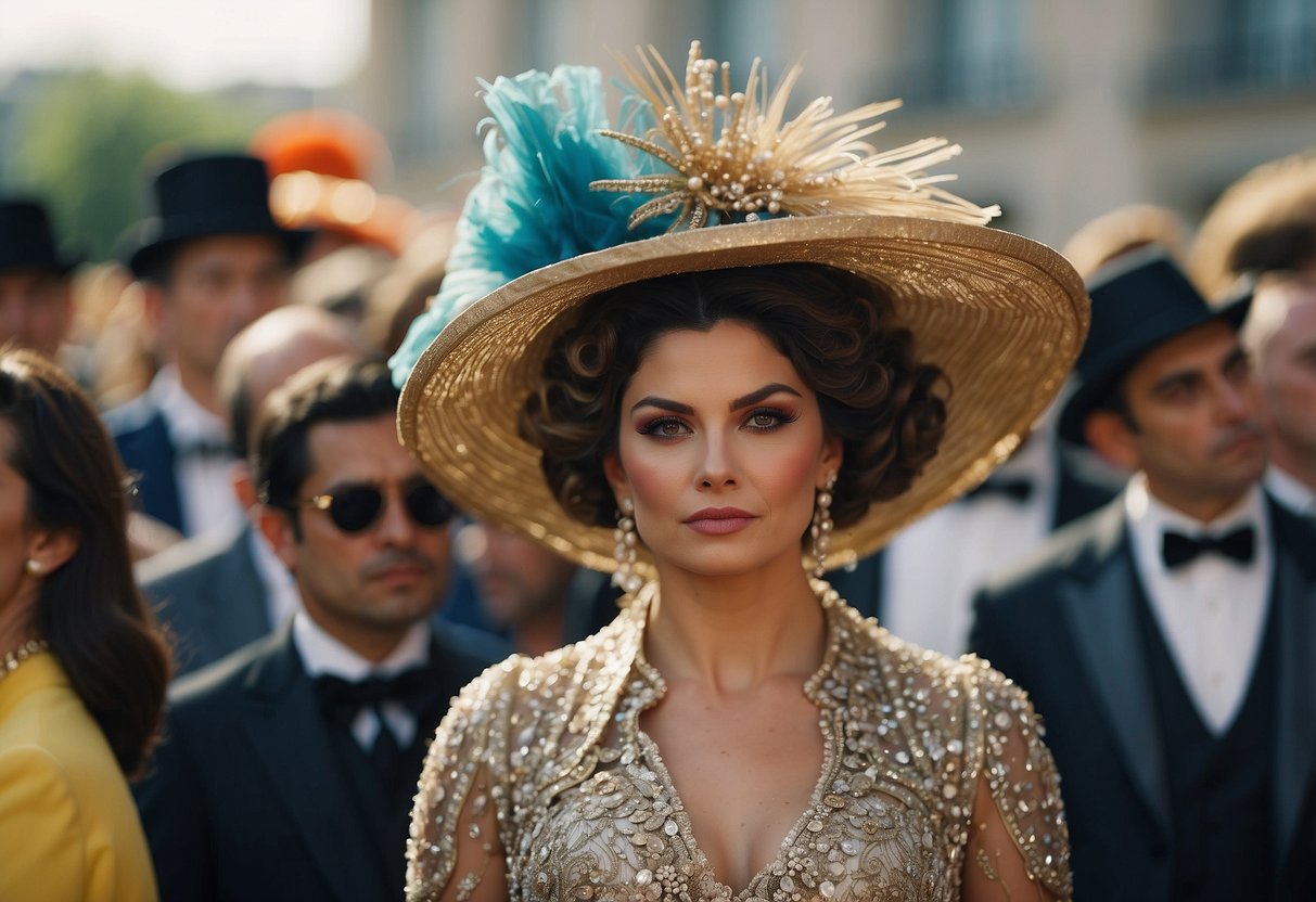 A woman in a fancy dress, wearing a large, extravagant hat, surrounded by disapproving looks from other wedding guests