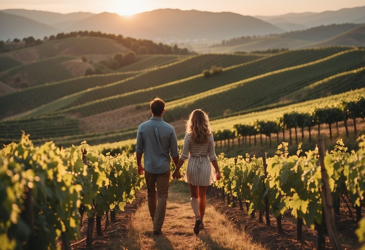 A couple strolling hand in hand through a picturesque vineyard, with rolling hills and a sunset in the background