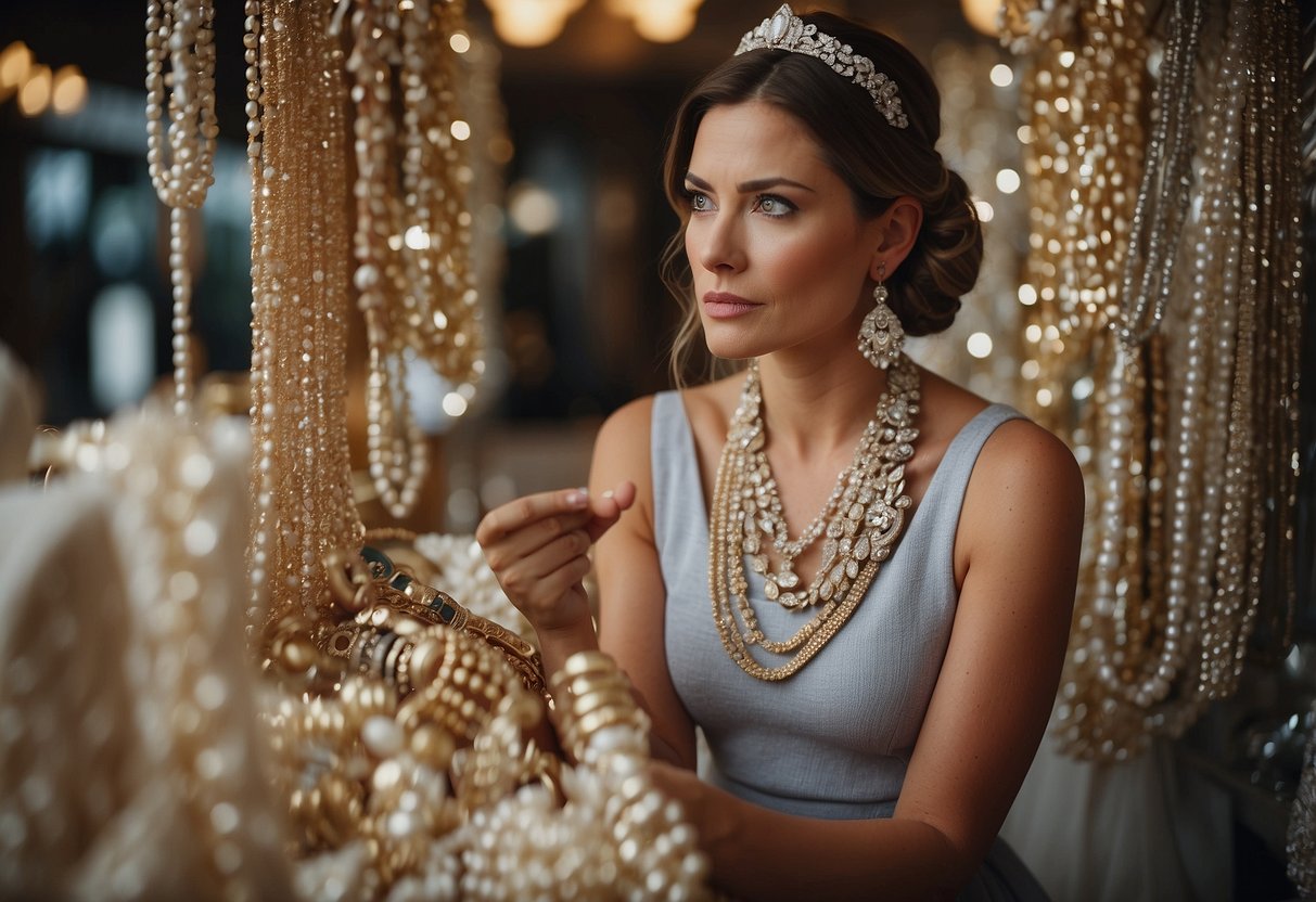 A woman overwhelmed with jewelry, struggling to choose for her daughter's wedding