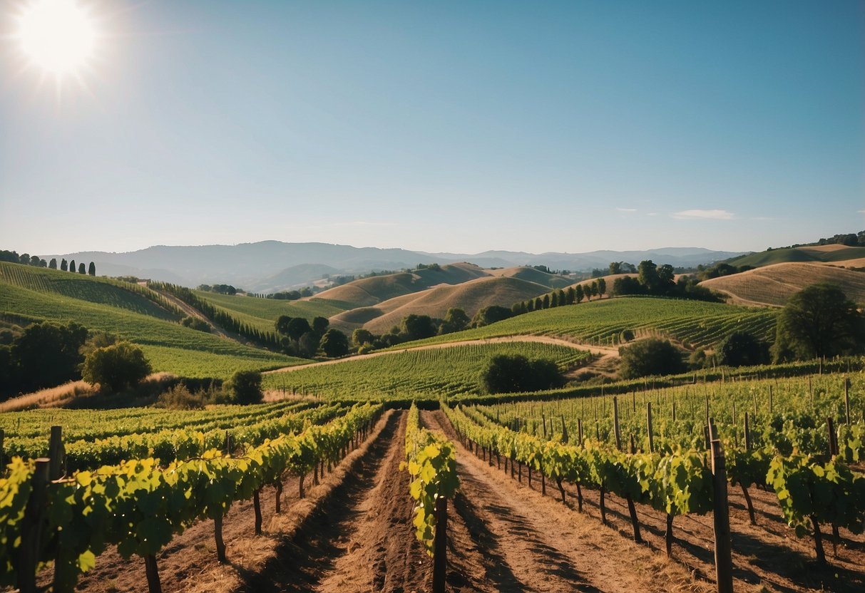 Vineyard landscape with rolling hills, lush green grapevines, and a charming winery in the distance. Blue skies and warm sunshine create a picturesque setting for a romantic anniversary trip