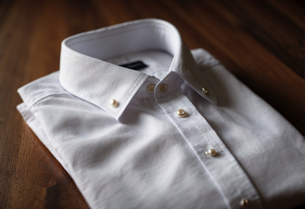 A crisp white linen button-down shirt, laid out on a wooden table, with delicate lace details and small pearl buttons