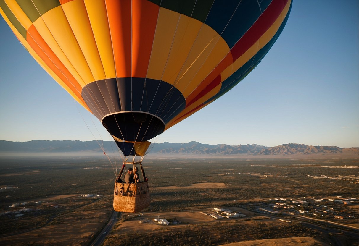 A colorful hot air balloon floats over the picturesque landscape of Albuquerque, New Mexico, with the Sandia Mountains in the background. The sky is clear and the sun is shining, creating a perfect setting for a wedding anniversary trip