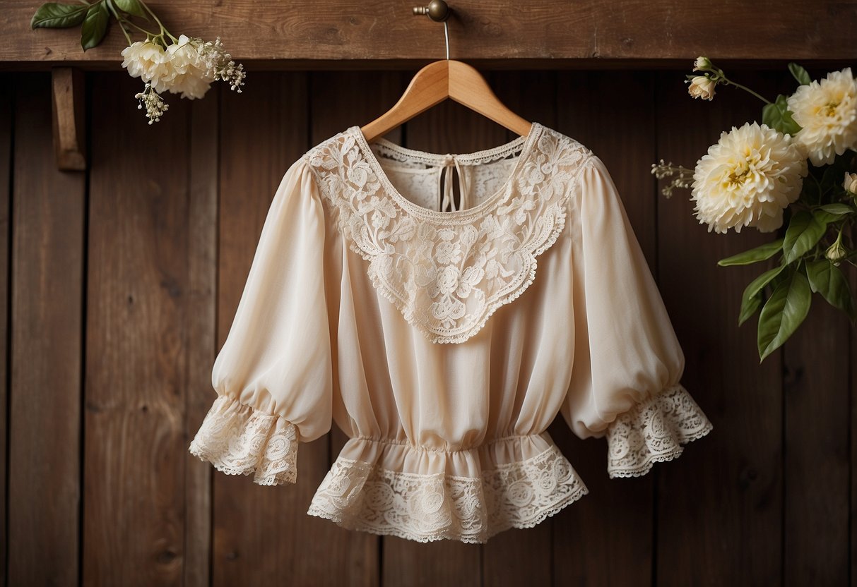 A vintage ruffle blouse hangs on a rustic wooden hanger, surrounded by delicate lace and floral accents