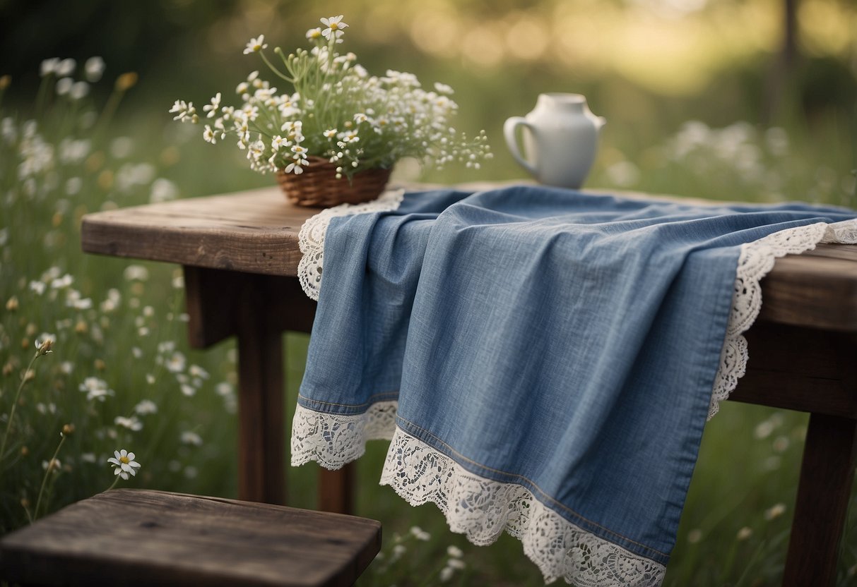 A denim chambray shirt draped over a rustic wooden chair, surrounded by wildflowers and a vintage lace tablecloth