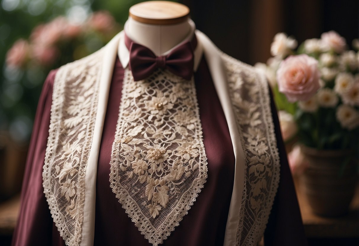 A silk cravat shirt draped over a wooden hanger, surrounded by delicate lace and floral accents