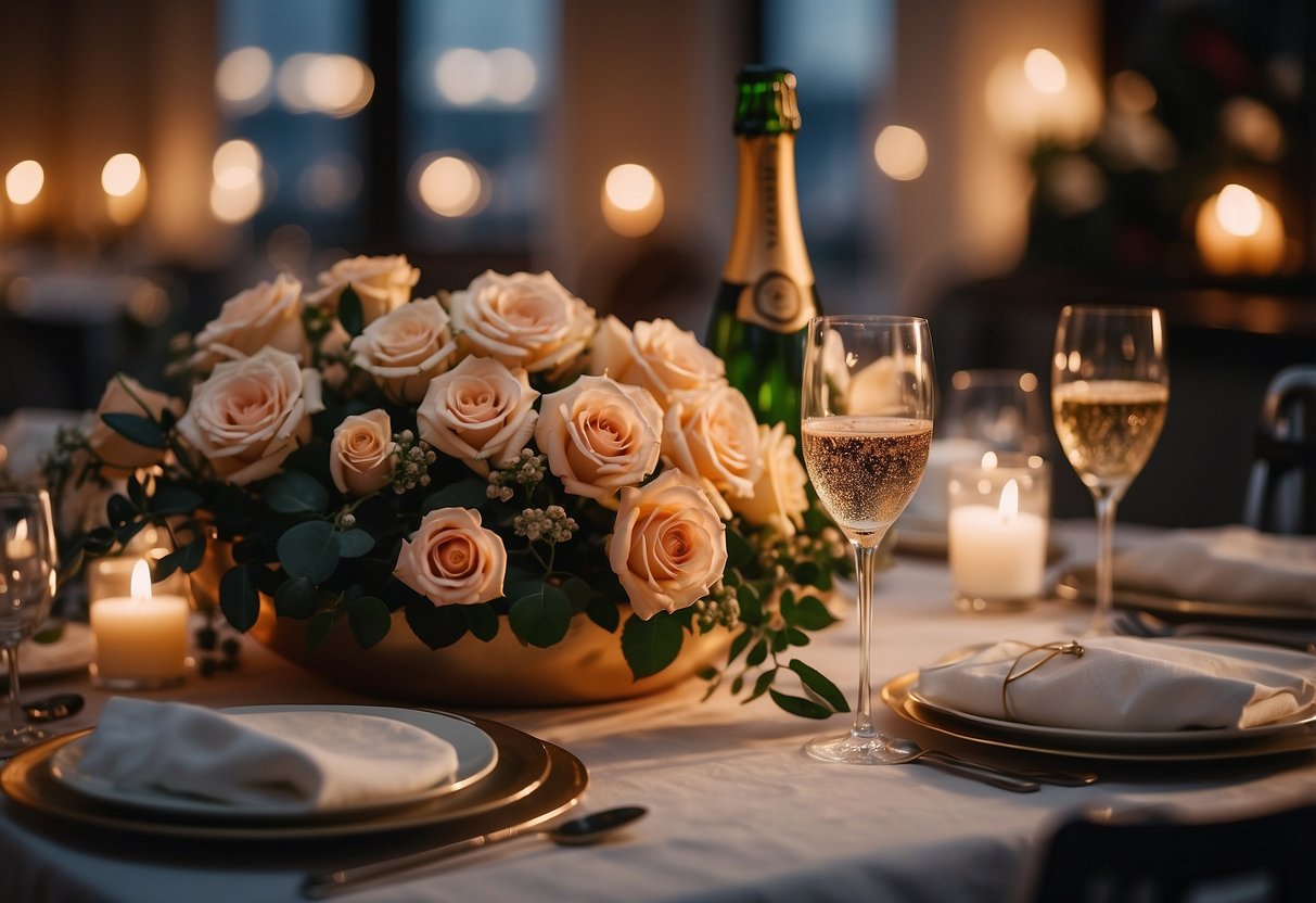 A cozy, candlelit dinner for two with a table adorned in floral centerpieces and elegant place settings. A bottle of champagne chilling in an ice bucket, surrounded by scattered rose petals