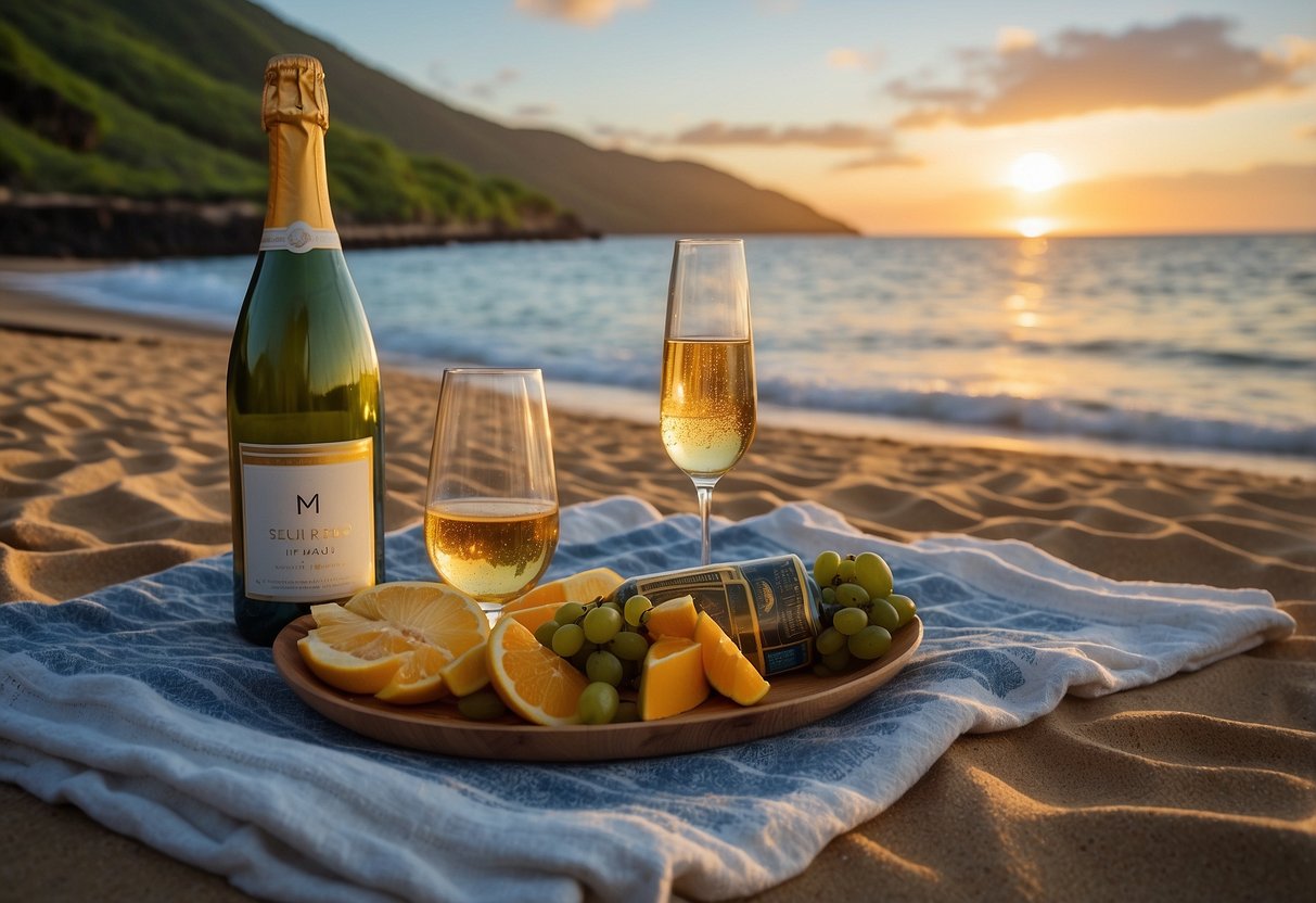 A serene beach in Maui, Hawaii with palm trees, clear blue waters, and golden sand. A couple's picnic blanket with a bottle of champagne and two glasses set against the backdrop of a colorful sunset