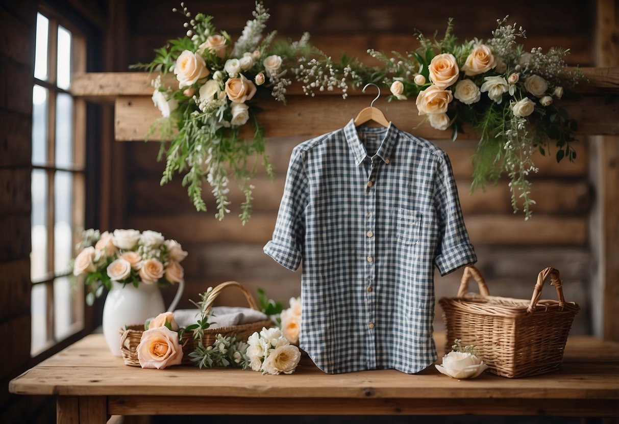 A gingham check shirt hanging on a rustic wooden hanger, surrounded by vintage wedding decor and floral arrangements