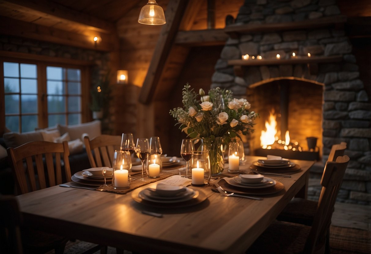 A cozy cabin nestled in the woods, with a warm fire crackling in the stone fireplace. Soft candlelight illuminates a table set for two, with a bottle of wine and a bouquet of flowers