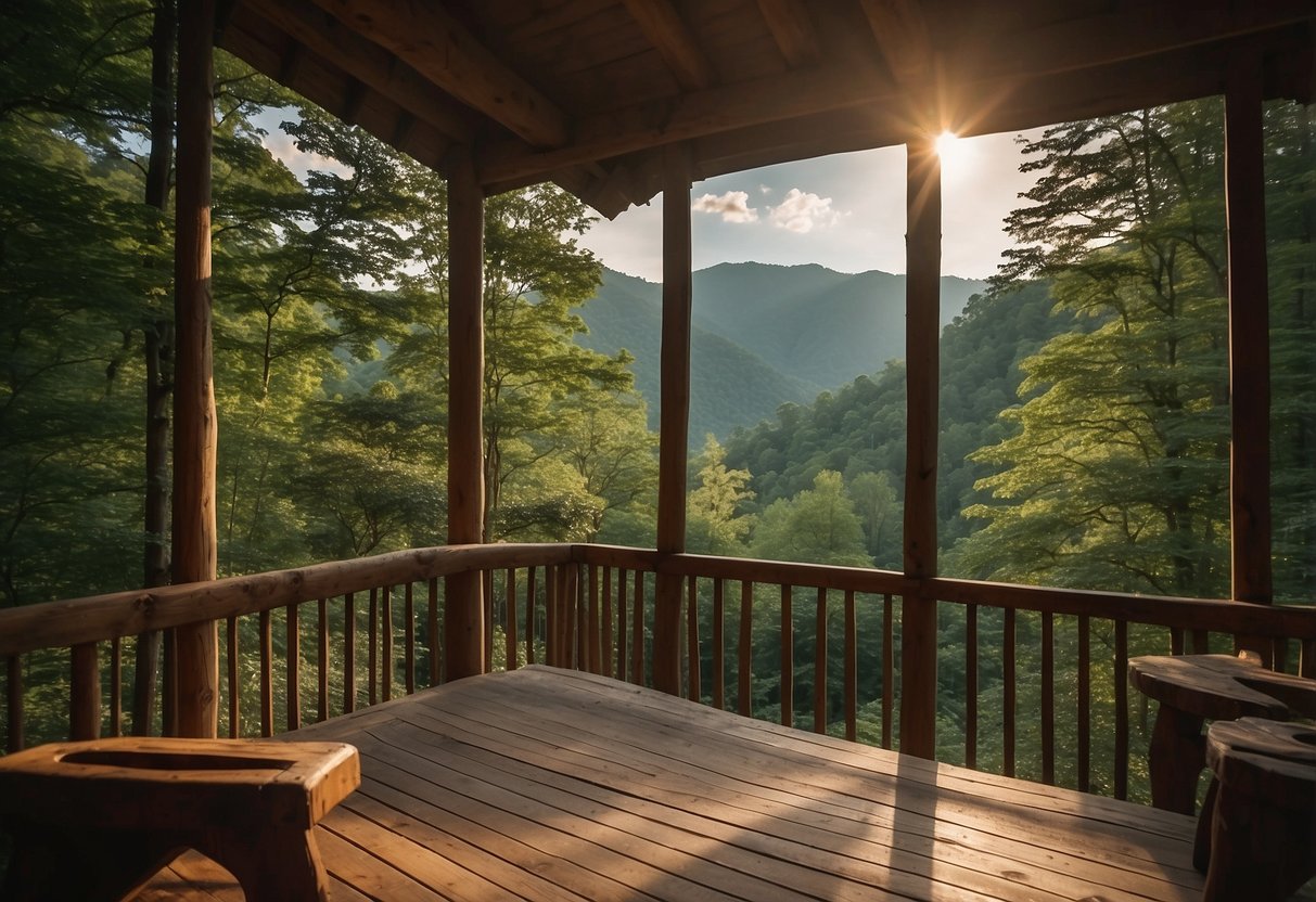 A cozy cabin nestled in the Smoky Mountains, surrounded by lush green trees and a serene mountain backdrop. The warm glow of the cabin's windows invites you to imagine a romantic getaway