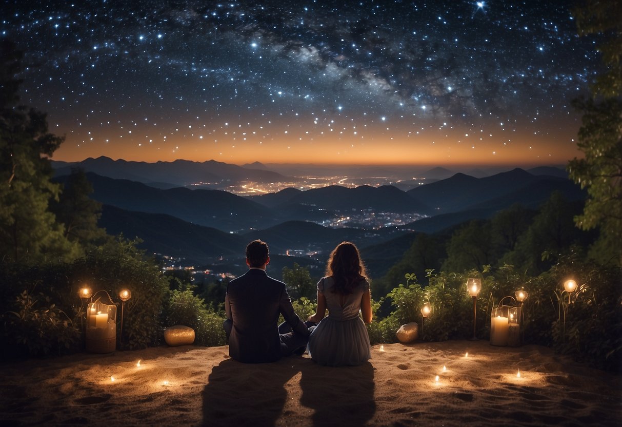 A couple sits under a starry night sky, gazing at a personalized star map marking the date of their 11th wedding anniversary. The map hangs on a wall, surrounded by twinkling lights and romantic ambiance