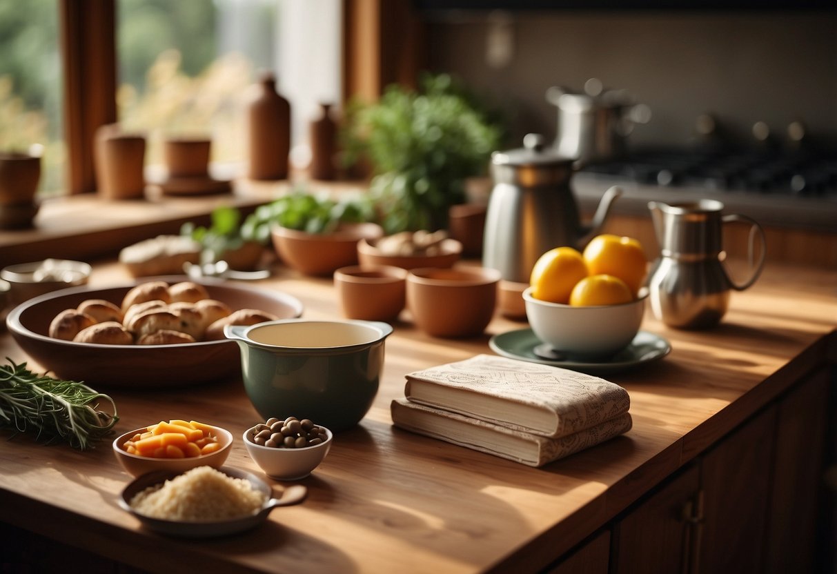 A cozy kitchen with two sets of cooking utensils, ingredients, and a recipe book open on the counter, surrounded by warm, inviting decor