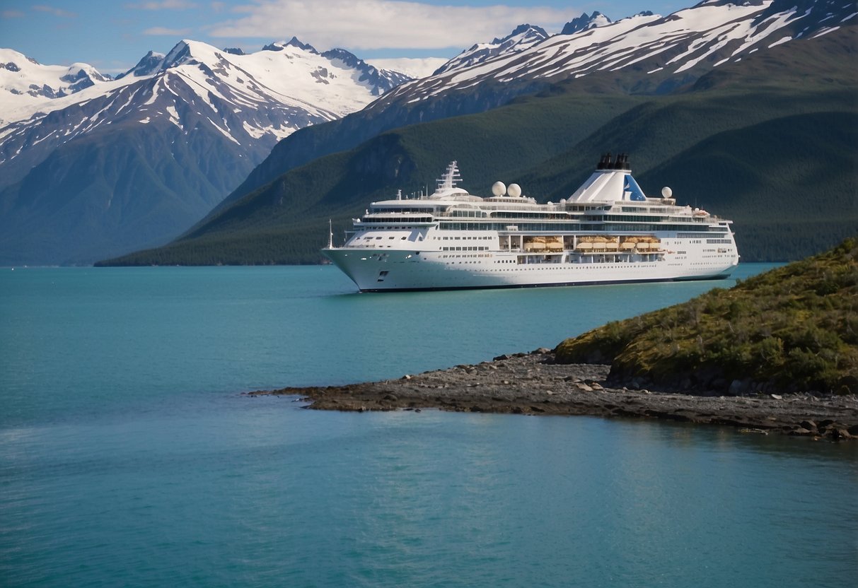 A cruise ship glides along the rugged Alaskan coast, with snow-capped mountains and icy blue glaciers in the distance. Wildlife can be seen frolicking in the pristine waters