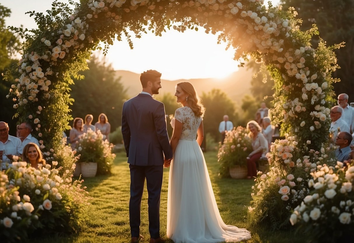 A couple stands under a floral arch in a garden, surrounded by family and friends. The sun sets behind them as they exchange vows, celebrating their 11th wedding anniversary