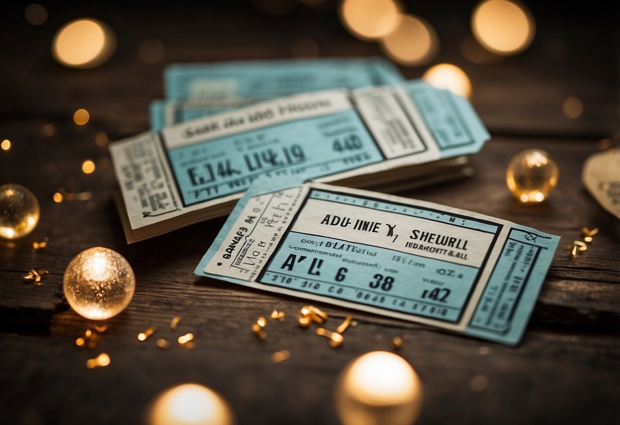 Two concert tickets surrounded by romantic anniversary decorations