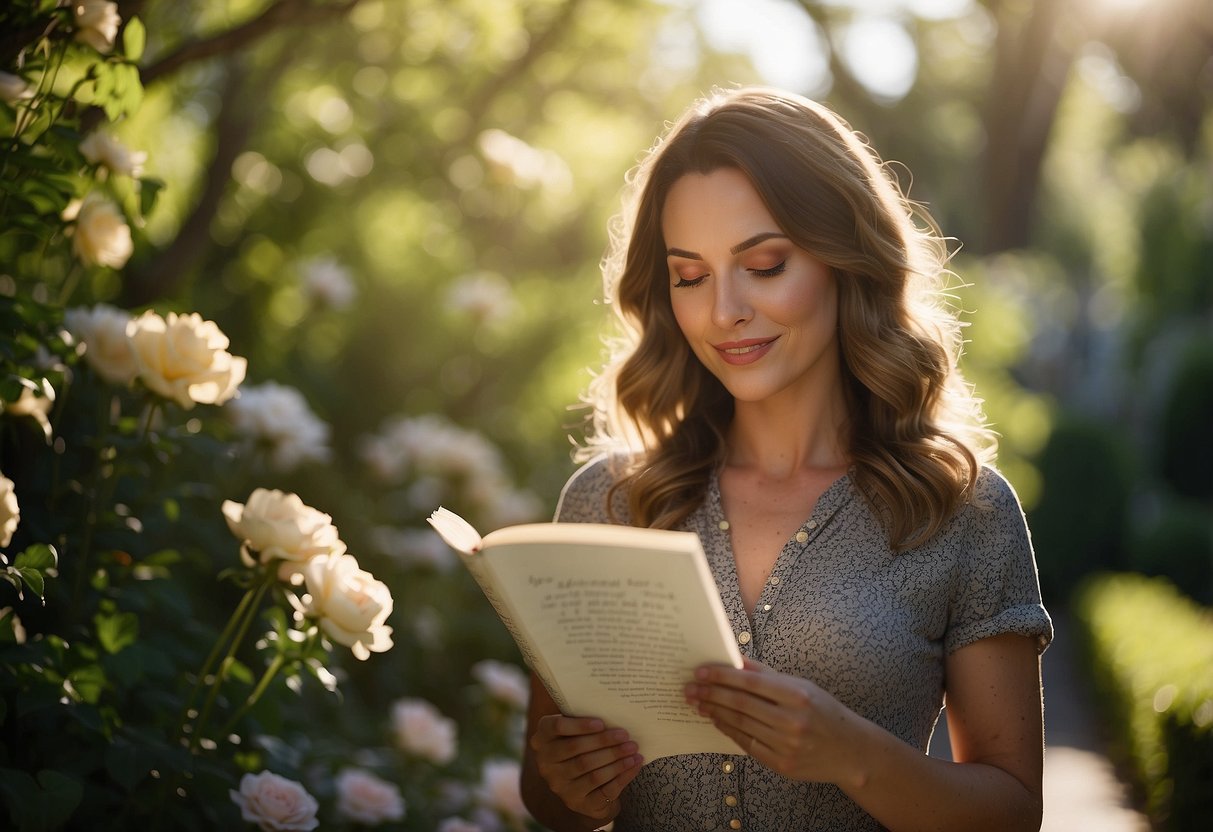 A woman stands in a sunlit garden, surrounded by blooming flowers and greenery. She holds a handwritten vow book in her hands, her eyes filled with love and determination as she prepares to recite her heartfelt promises