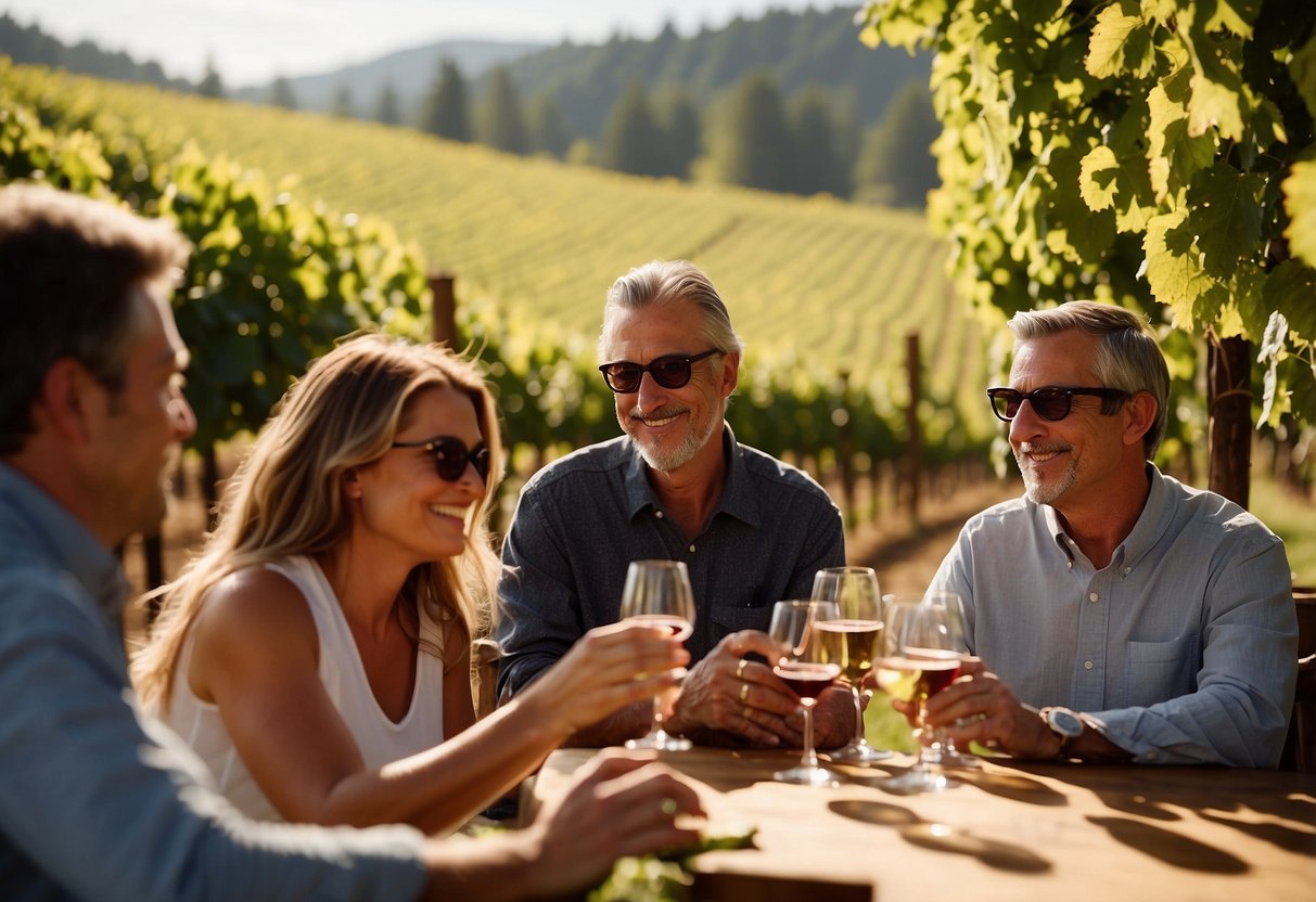 Guests swirl and sniff glasses, surrounded by lush vineyards and rolling hills at a Willamette Valley wine tasting. Sunlight filters through the trees, casting a warm glow over the scene