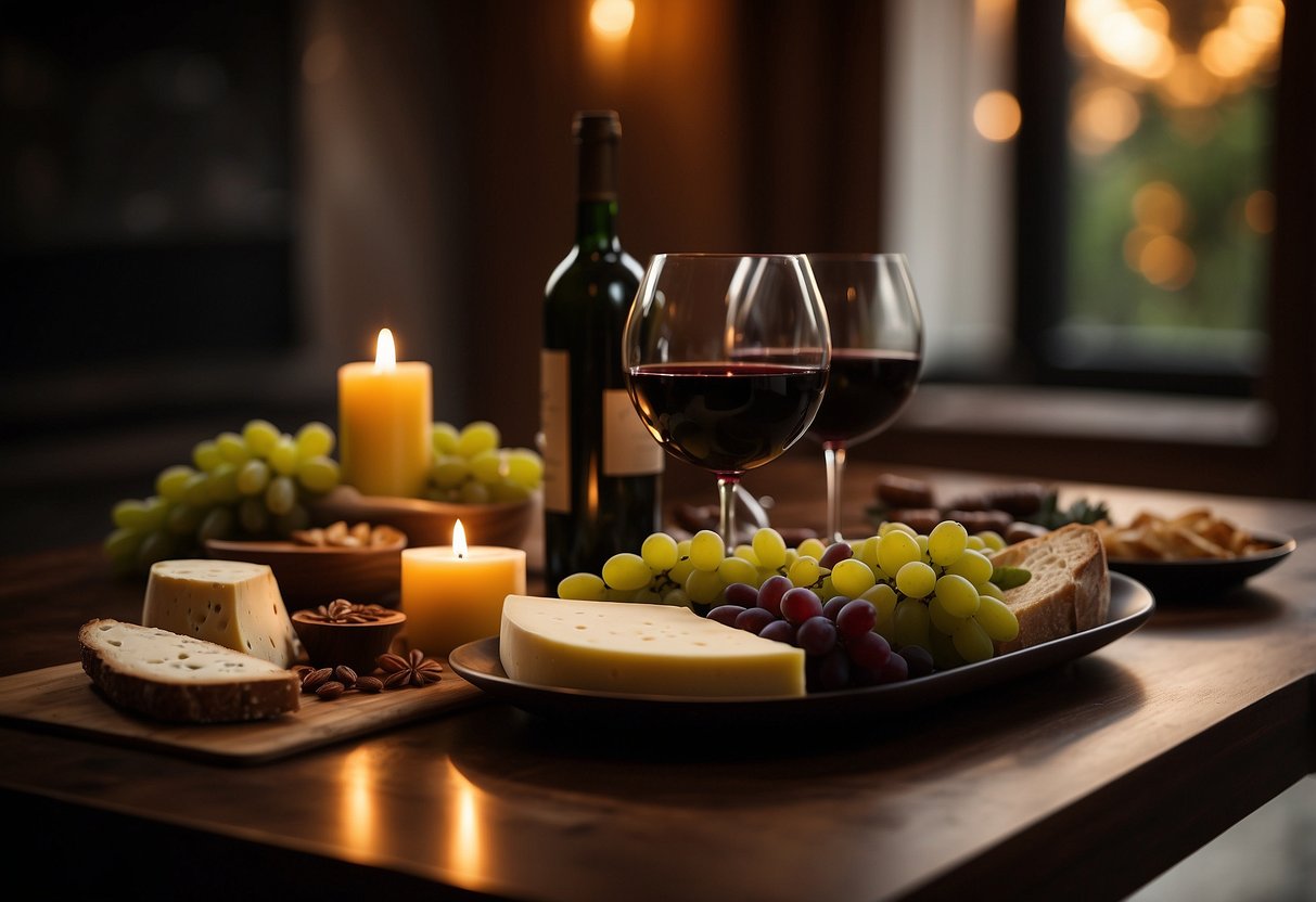 A cozy table set with wine bottles, glasses, and a cheese platter. Soft candlelight illuminates the room, creating a romantic ambiance for a private wine tasting