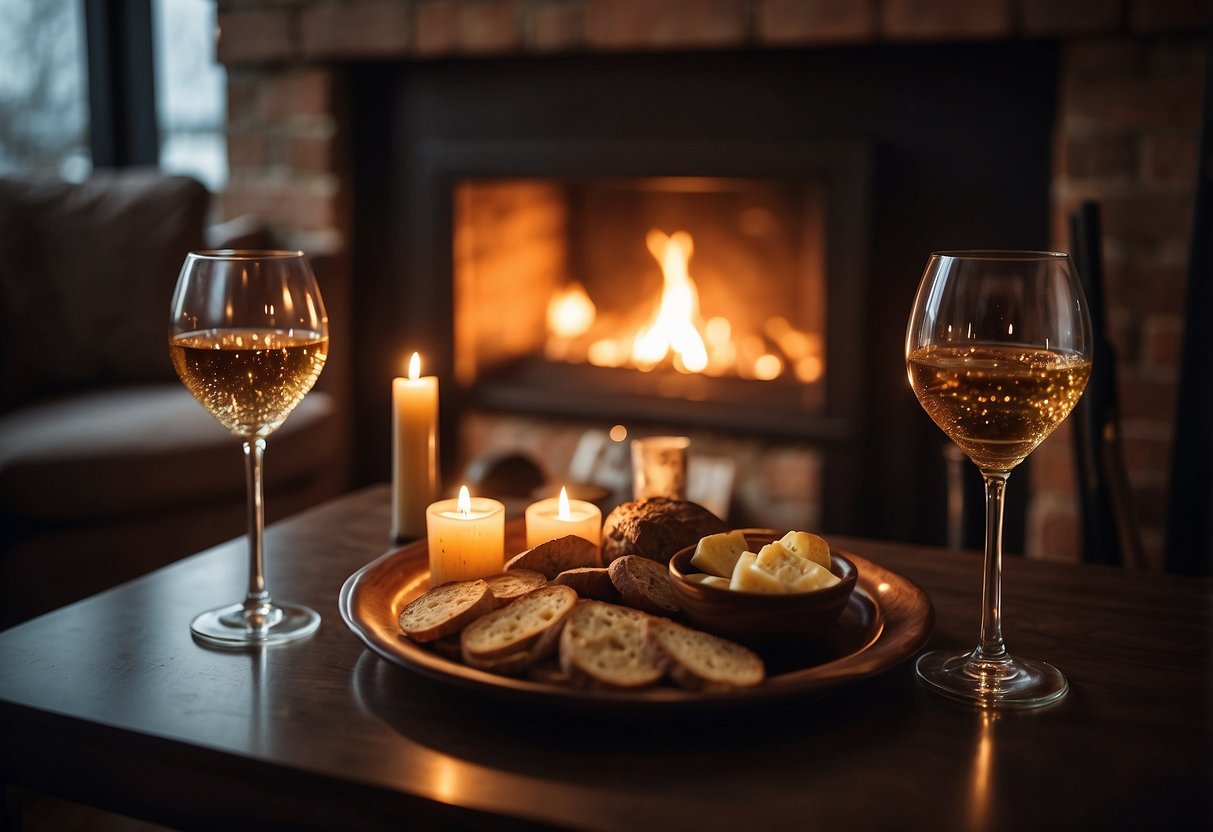 A cozy living room with a crackling fireplace and two empty wine glasses on the table, surrounded by soft candlelight