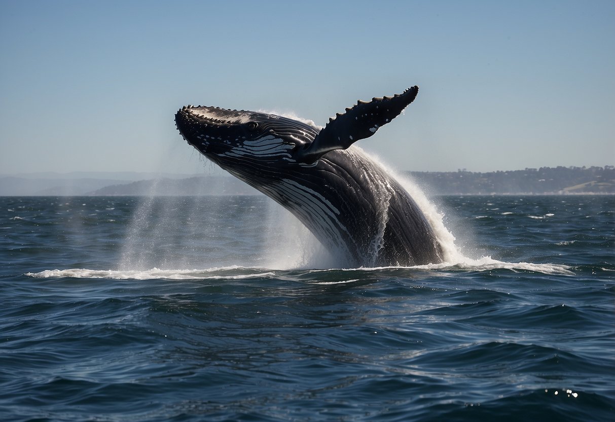 A humpback whale breaches the surface, spouting water as it swims alongside a boat. Seabirds circle overhead, and the rugged coastline of Monterey, California provides a stunning backdrop