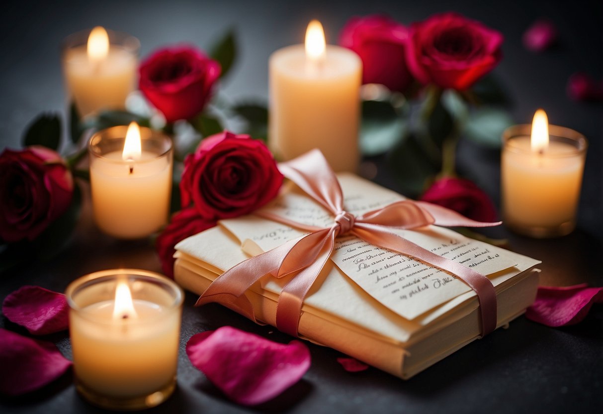 A stack of handwritten love letters tied with a ribbon, surrounded by rose petals and lit candles, symbolizing 11th wedding anniversary ideas