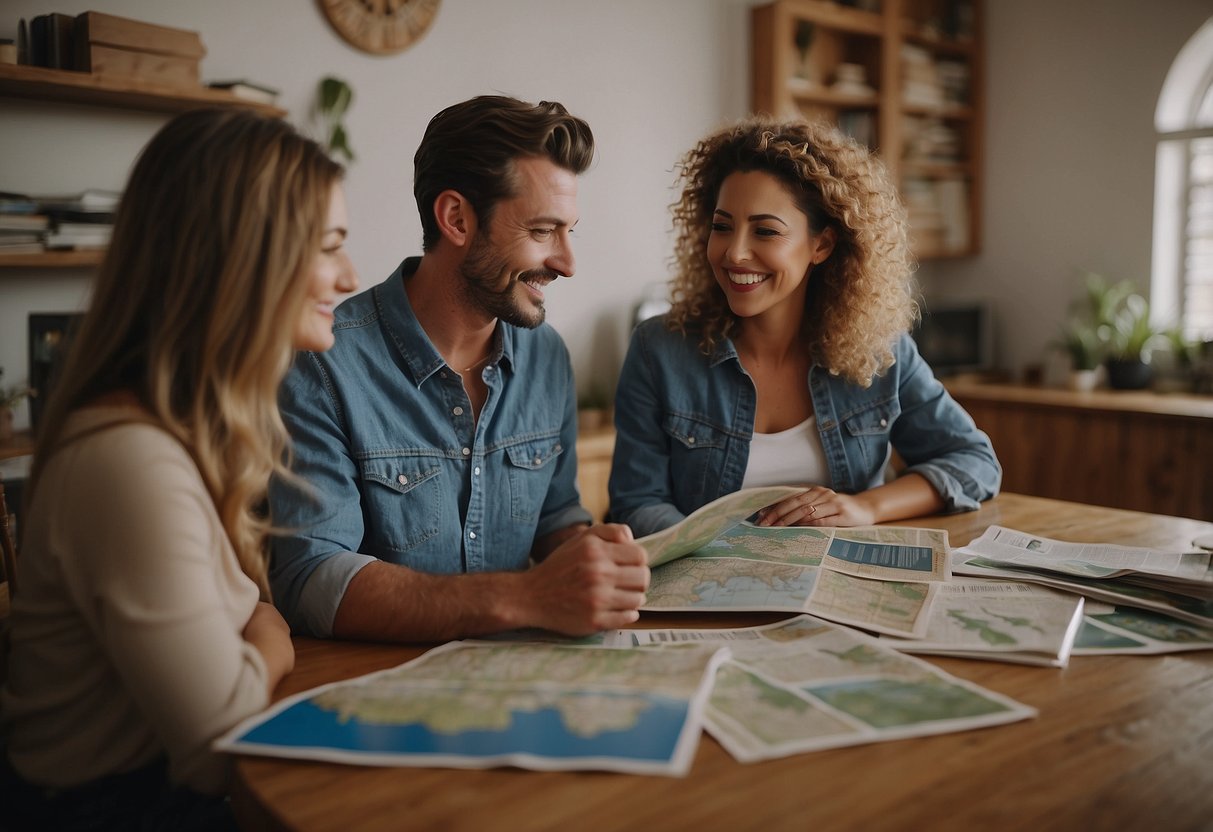 A couple sits at a table covered in maps and travel brochures, excitedly discussing their upcoming anniversary trip. The room is filled with anticipation and the promise of adventure