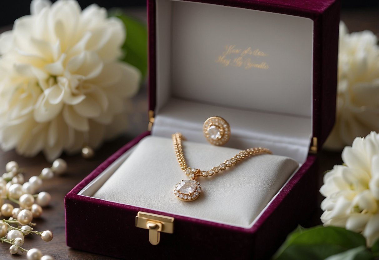 A beautiful necklace and pair of earrings displayed on a velvet-lined jewelry box, surrounded by delicate flowers and a handwritten note