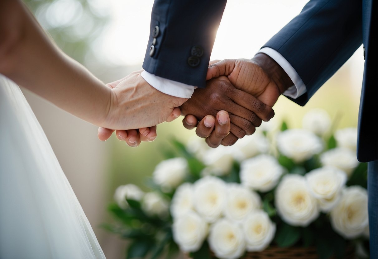 A couple's hands clasped together, exchanging wedding vows with love and devotion in their eyes