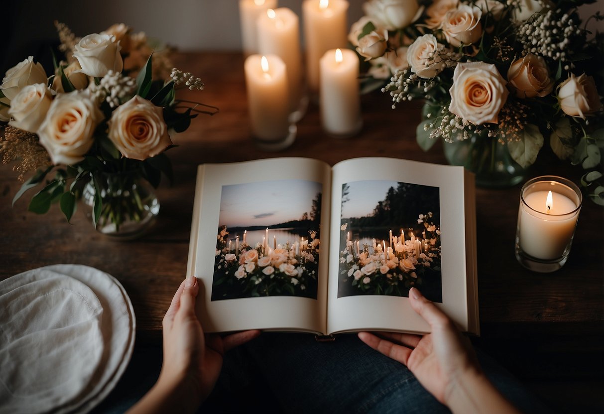 A couple's hands holding a photo book open to their wedding day, surrounded by flowers and candles