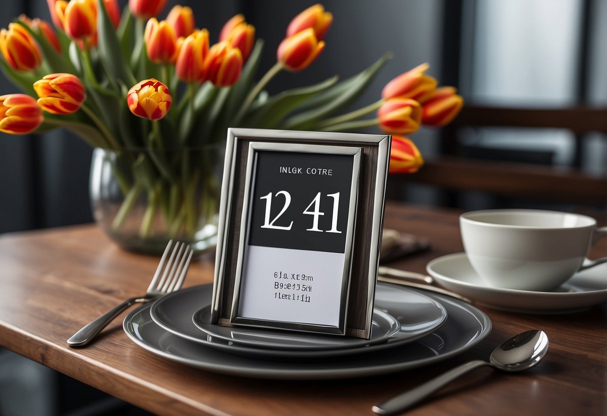 A table set for two with a bouquet of tulips, steel cutlery, and a steel photo frame. A calendar showing the date and a card with the number 11