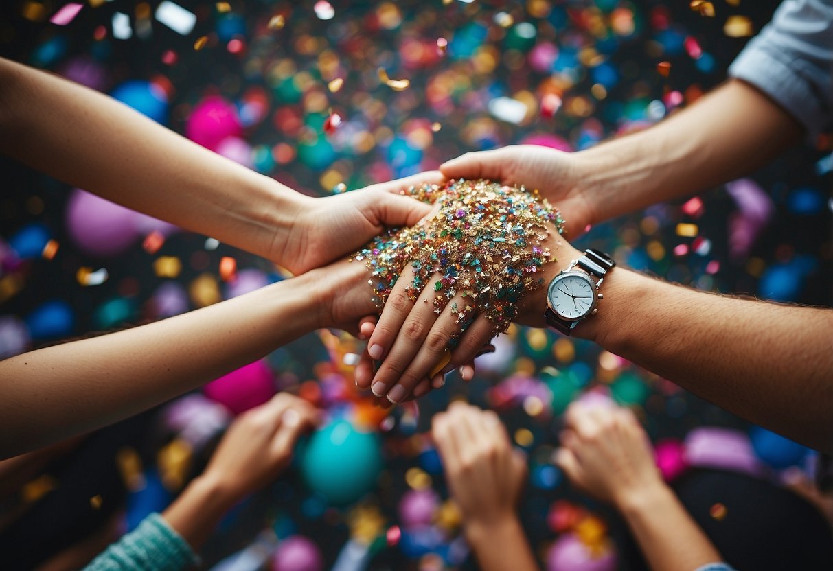 A couple's hands clasping, surrounded by colorful confetti and joyful guests