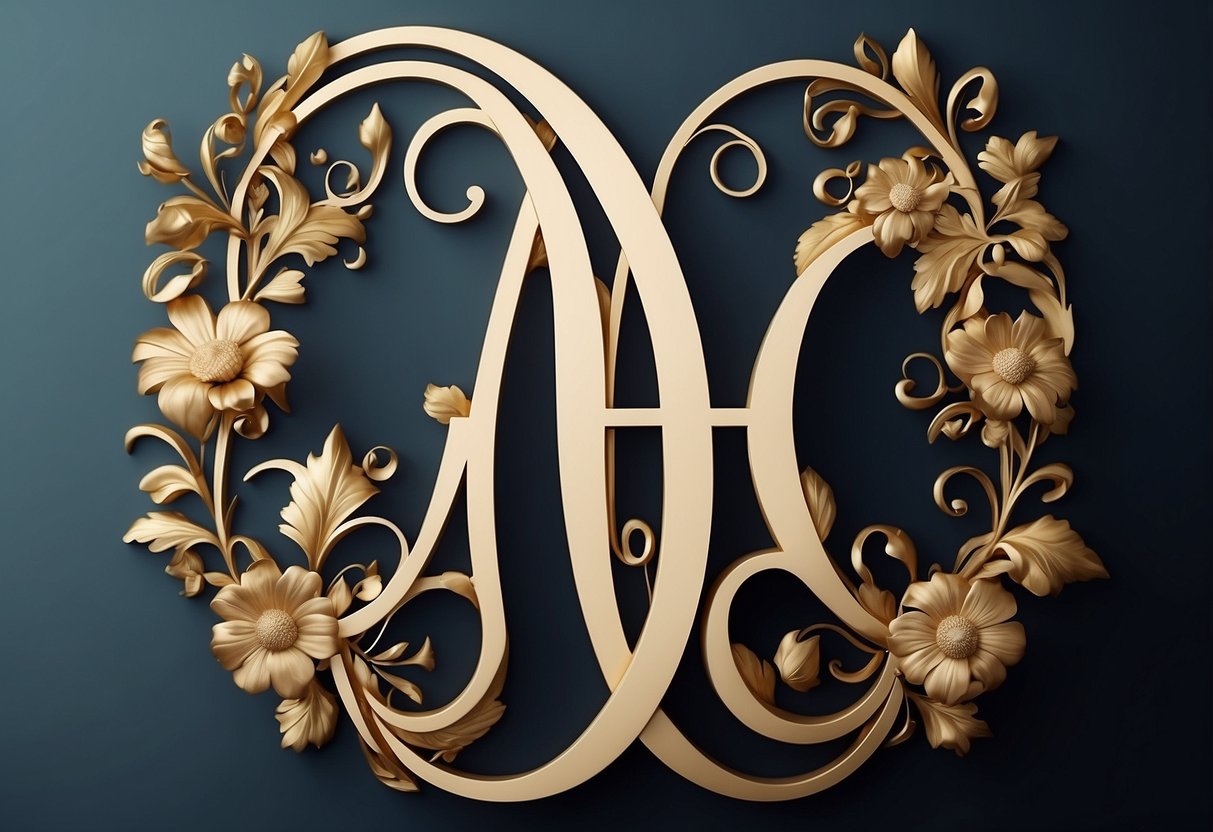 A wedding monogram with intertwined initials, surrounded by delicate floral elements and elegant flourishes