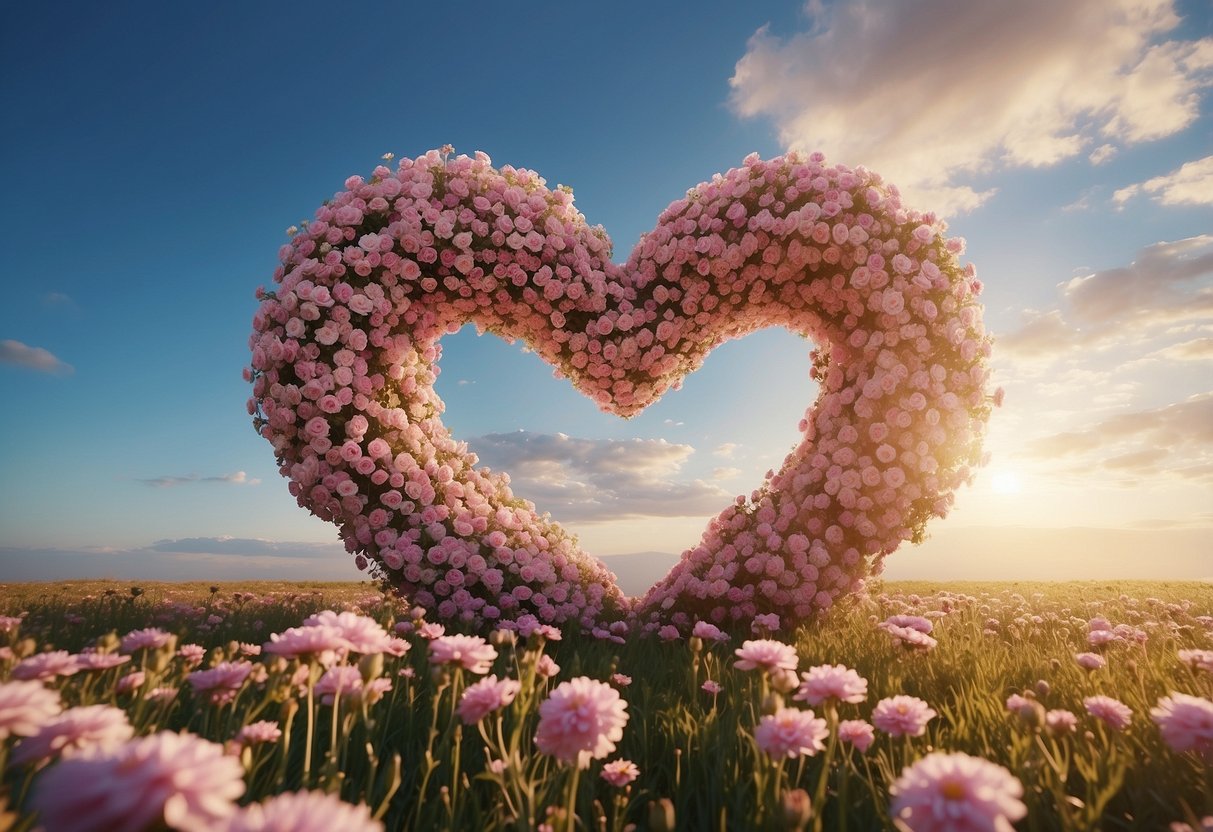 A heart-shaped infinity symbol floats above a field of blooming flowers, symbolizing eternal love