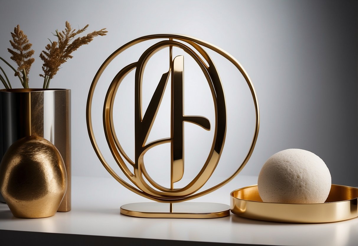 A sleek gold monogram hangs against a clean, white backdrop, with minimalist design elements