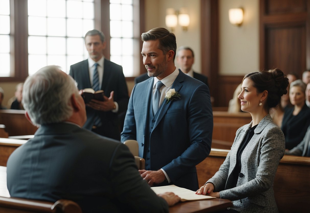 A couple exchanges vows in a simple courthouse setting, surrounded by a few close family and friends. The room is filled with natural light, and the couple stands before a judge or officiant