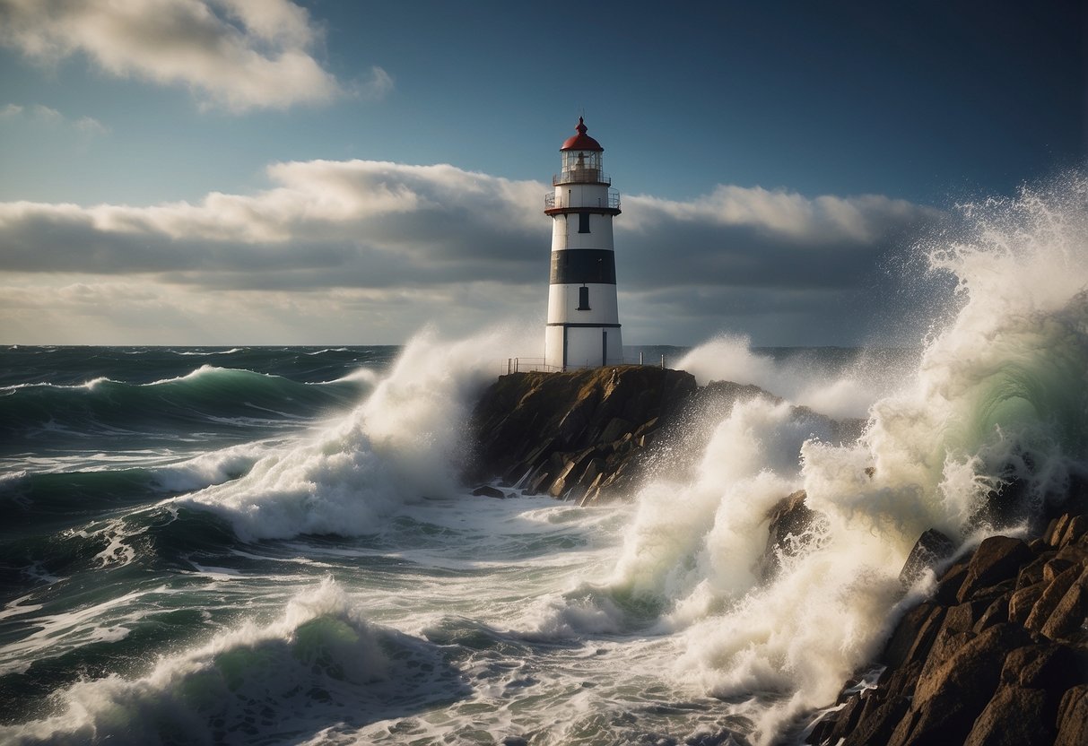 A sturdy lighthouse stands tall amidst crashing waves, offering protection and stability