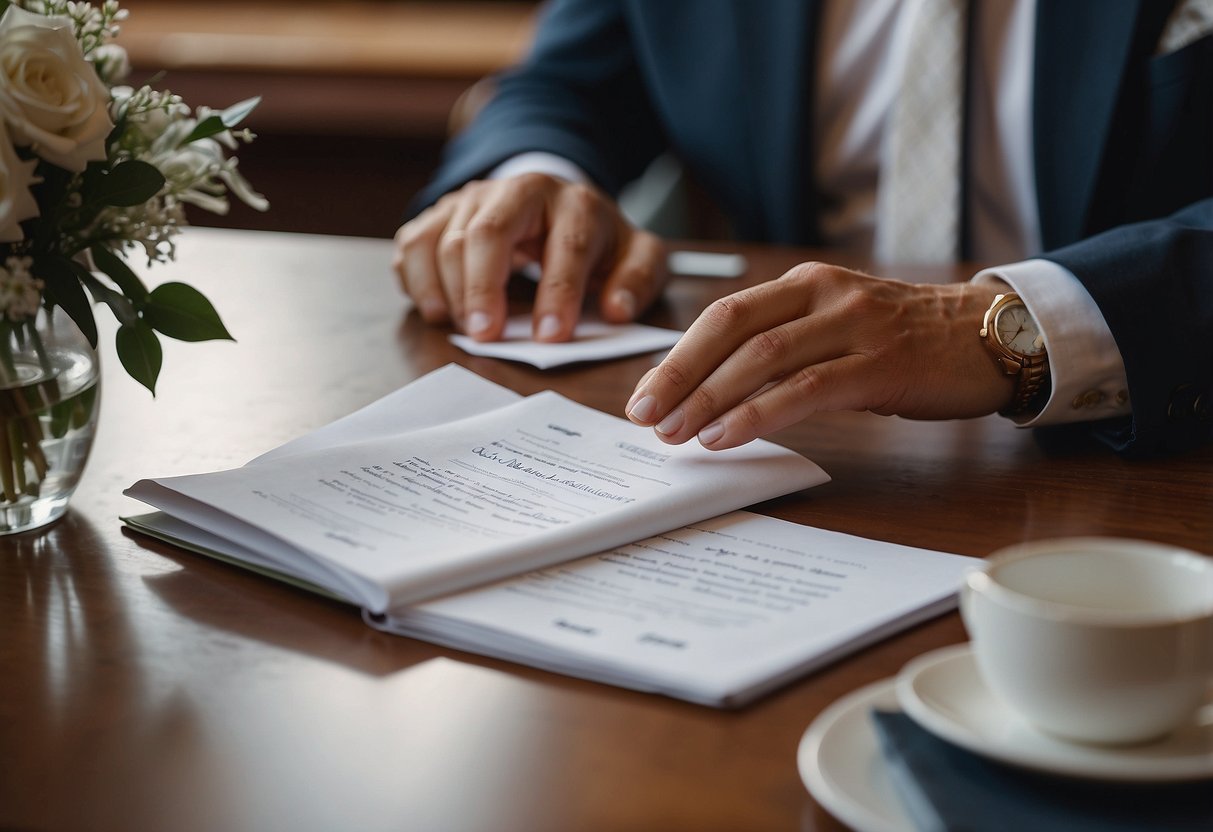 A person places documents on a table at a courthouse wedding