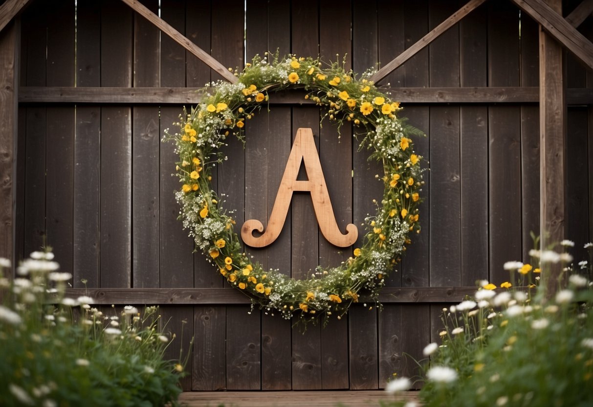 A rustic wooden cutout monogram hangs on a weathered barn door, surrounded by wildflowers and twinkling string lights