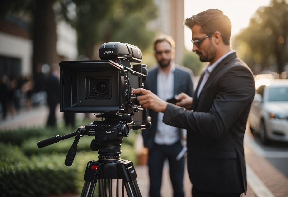 A photographer setting up equipment outside a courthouse, capturing the couple's intimate ceremony