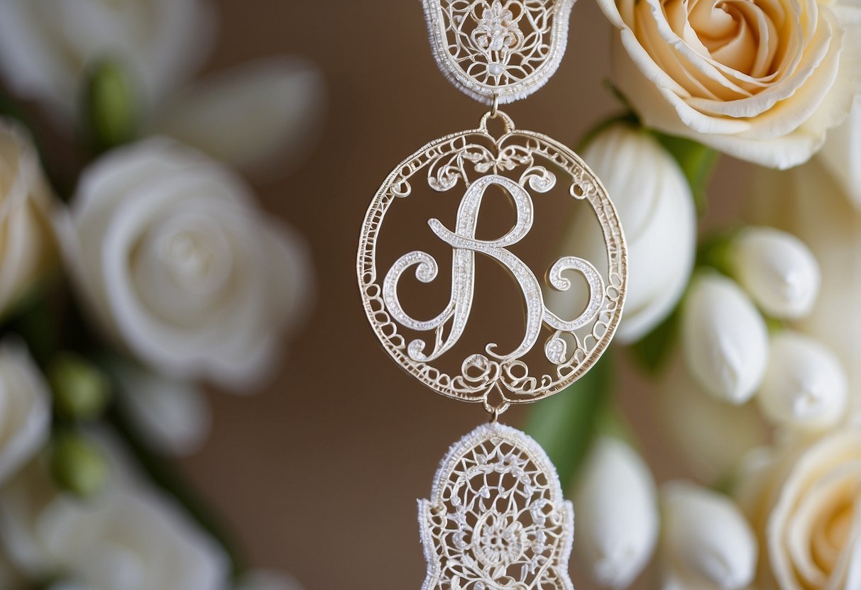 A vintage lace monogram is delicately intertwined with floral elements, creating an elegant and romantic wedding motif