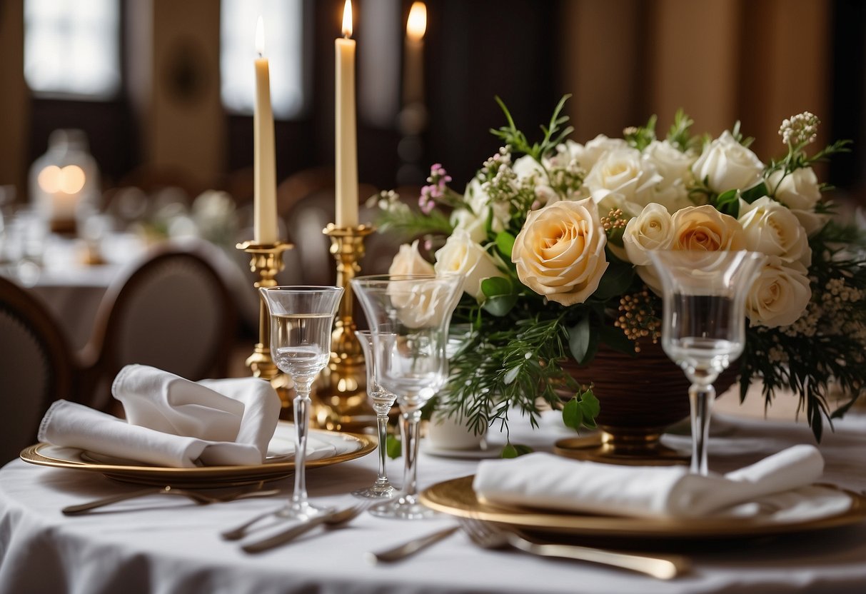 A table set with elegant dishes and sparkling glasses, adorned with flowers and candles, awaits a newlywed couple at a courthouse