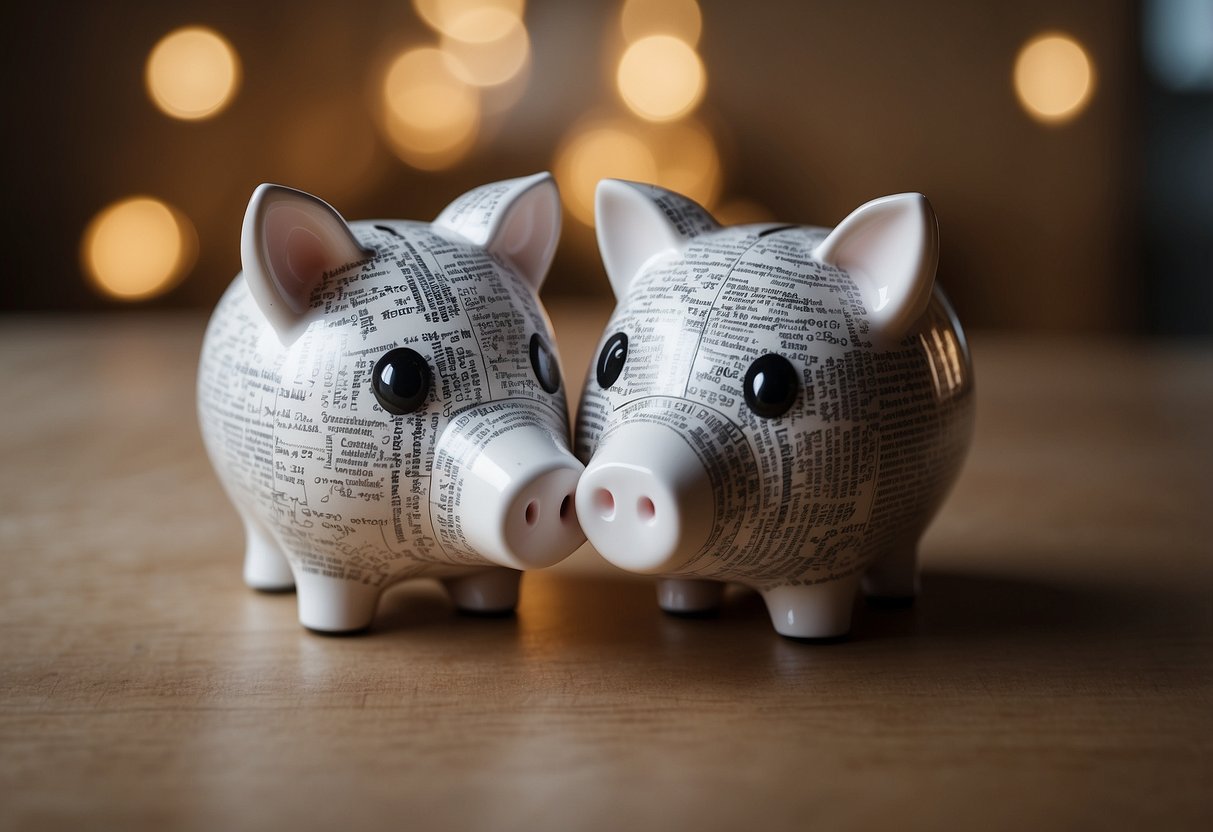 A wedding bill split in two, one half paid by each parent, symbolized by a broken heart-shaped piggy bank