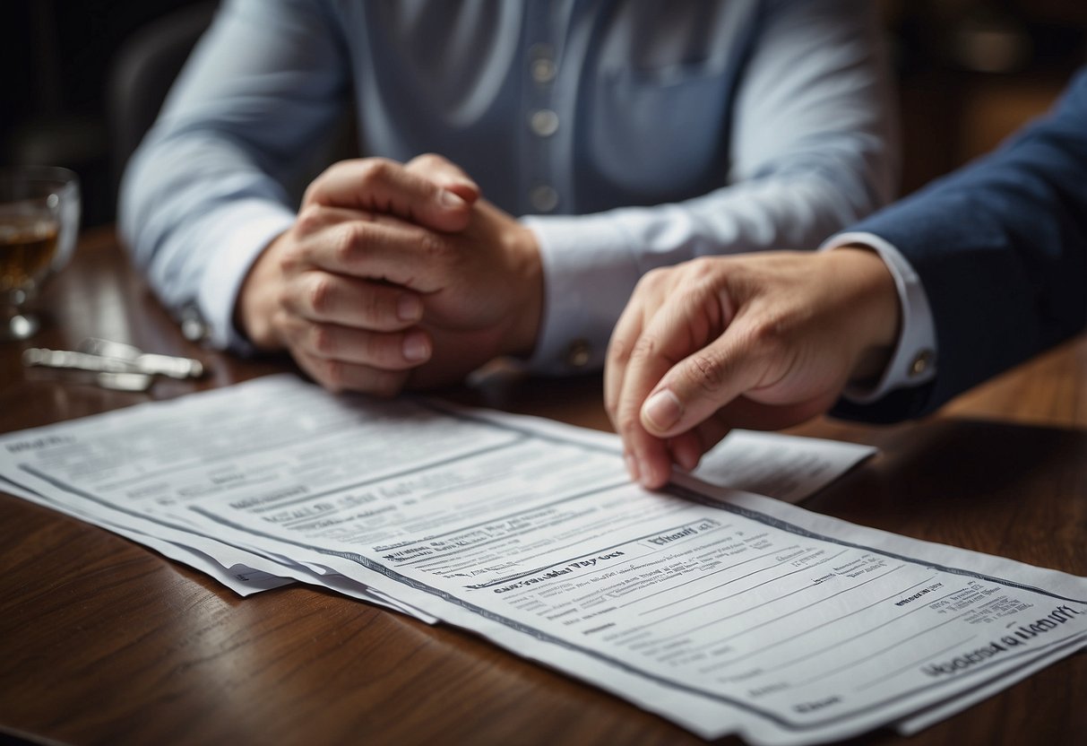 A table with two separate sets of hands holding wedding bills, a dividing line between them, and a speech bubble with the words "Who pays for what?" above the table