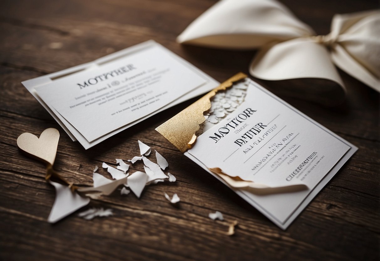 A wedding invitation torn in half, one side labeled "Mother" and the other "Father," each with a puzzled expression