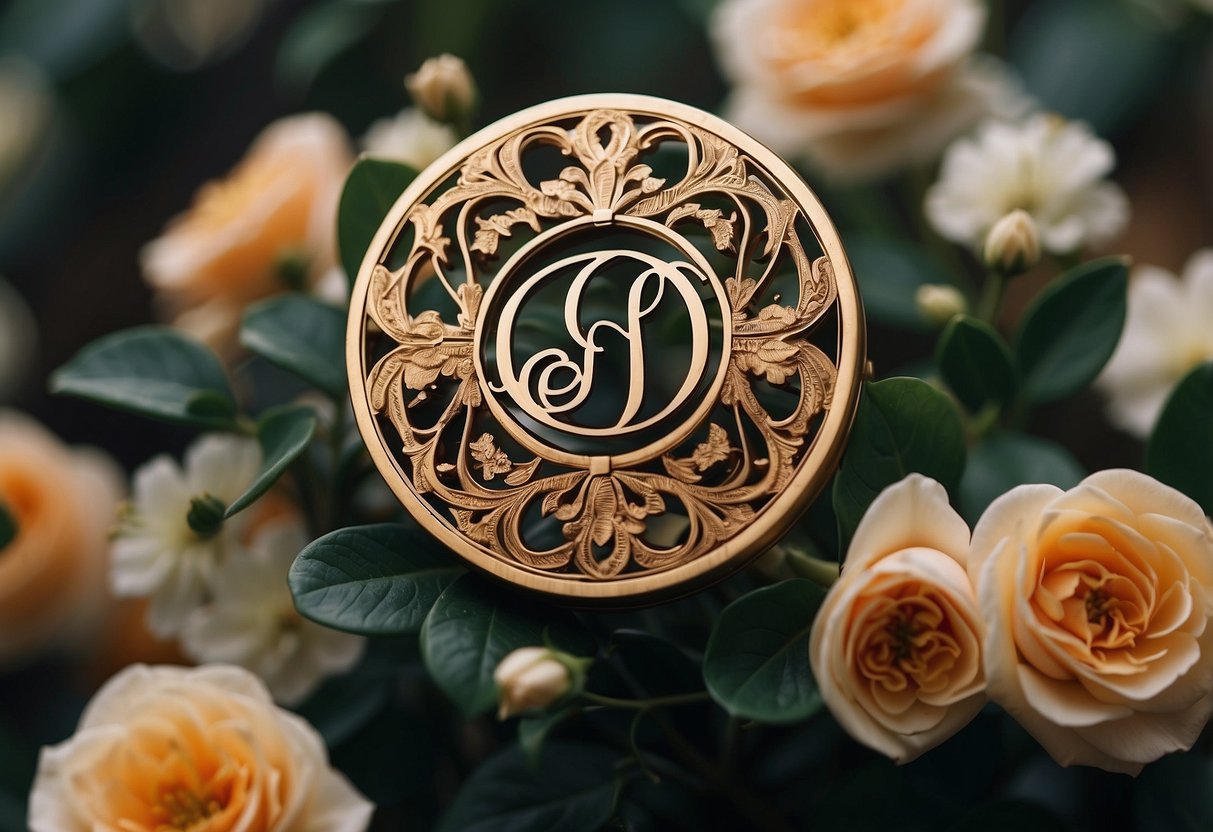 A monogram with the wedding date surrounded by decorative elements and floral designs